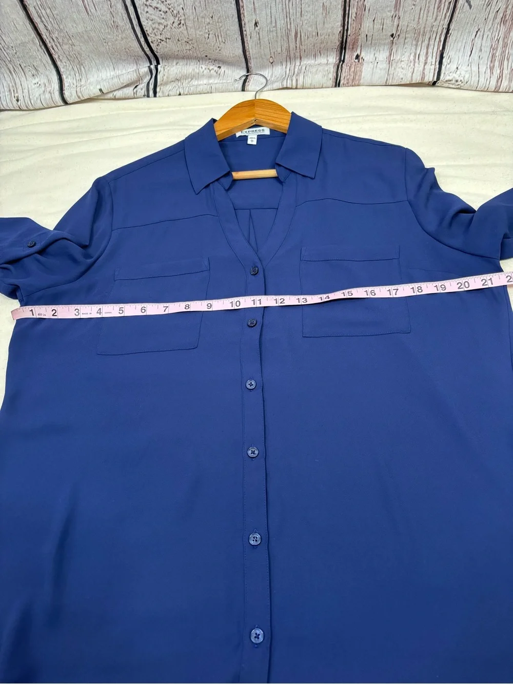 Express Portofino Shirt Size Large Navy Blue Button Down Roll Tab Sleeves Blouse